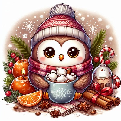 A cute owl in a winter hat enjoys hot chocolate