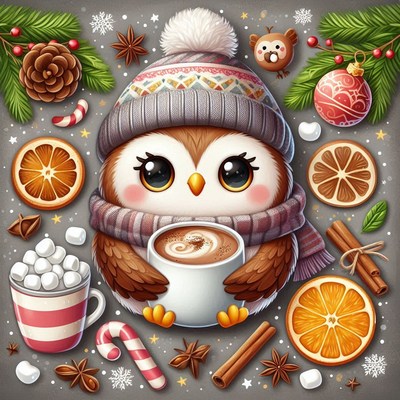 A cute owl in a winter hat enjoys a warm drink