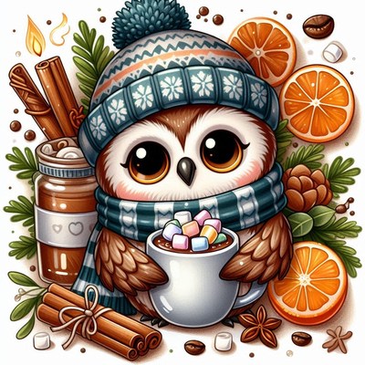 Owl in a hat sips a warm drink with marshmallows