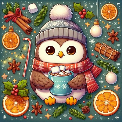 A cute owl enjoys a warm drink during the winter holidays
