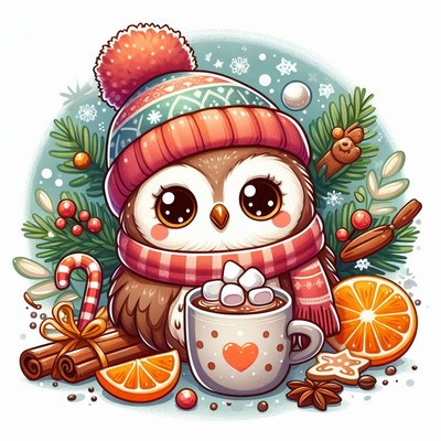 A cute owl in a winter hat drinks hot chocolate
