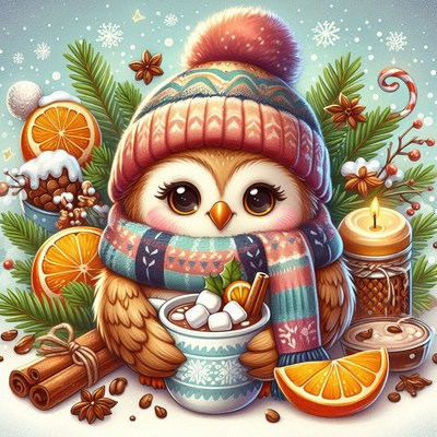 Owl in winter hat with cocoa cup