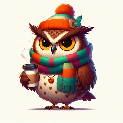 Owl in winter hat with coffee cup
