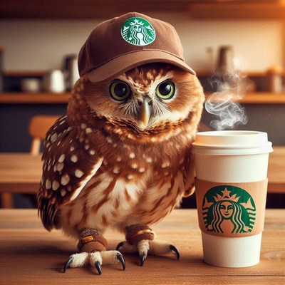 An owl wearing a cap sits with a coffee cup