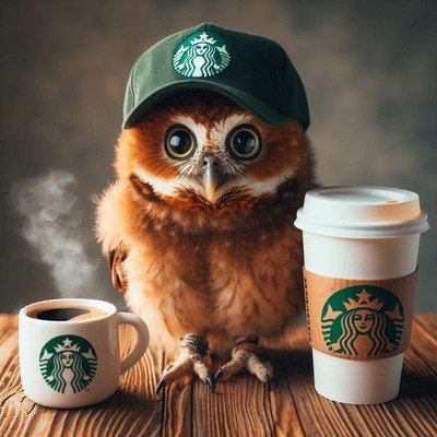An owl in a green cap enjoys coffee with a friend