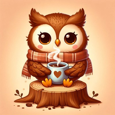 A cute owl enjoys a warm drink on a tree stump