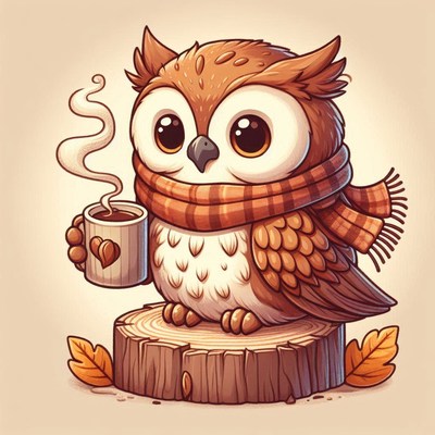 A cute owl enjoys a warm drink on a tree stump