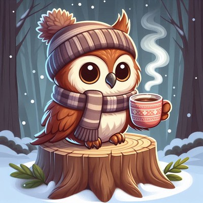Owl in a hat sips a warm drink on a snowy day