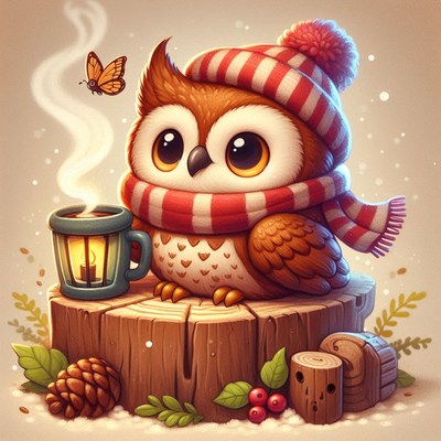 A cute owl enjoys a warm drink on a snowy day