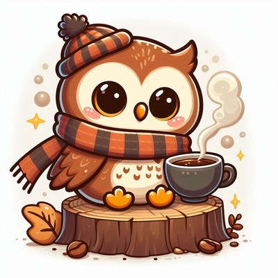 Owl in a hat and scarf sips a drink on a stump