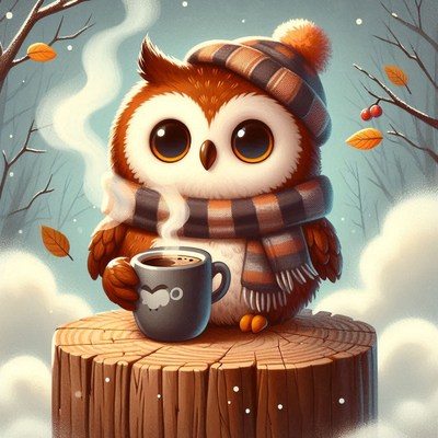 A cute owl enjoys a warm drink on a snowy day