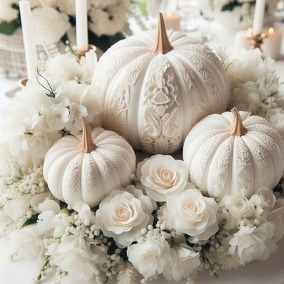White pumpkins surrounded by flowers on a table