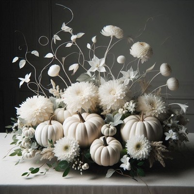 White pumpkins and flowers in a fall centerpiece
