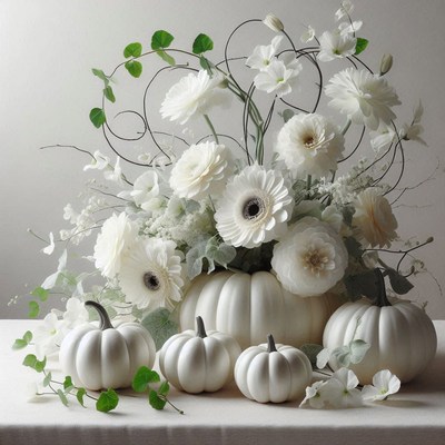 A white vase holds a bouquet of white flowers
