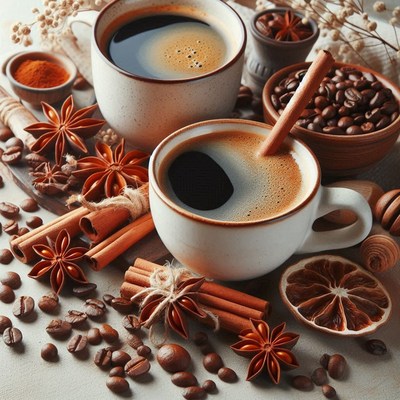 A cup of coffee with spices and coffee beans