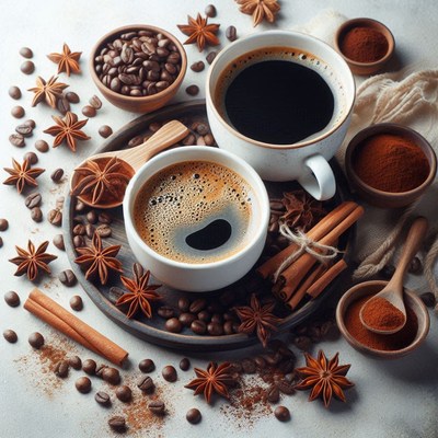 Two cups of coffee with cinnamon sticks and star anise