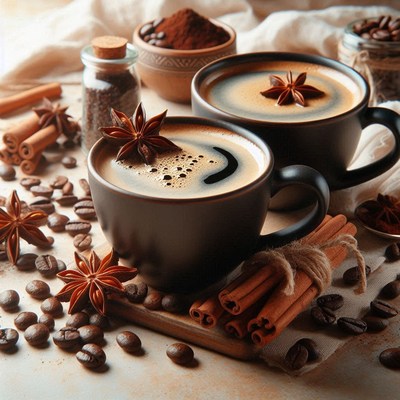 Two cups of coffee with star anise and cinnamon