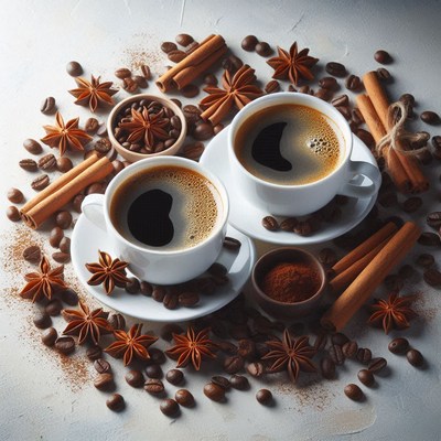 Two cups of coffee with cinnamon and star anise