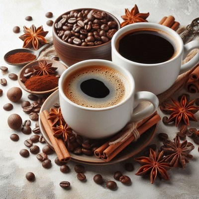 Two cups of coffee with cinnamon and star anise
