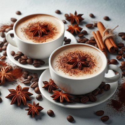 Two cups of coffee topped with star anise