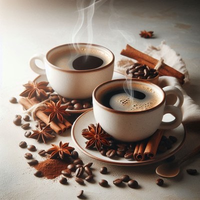 Two cups of steaming coffee with cinnamon and star anise