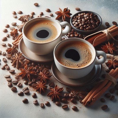 Two cups of coffee with star anise and cinnamon