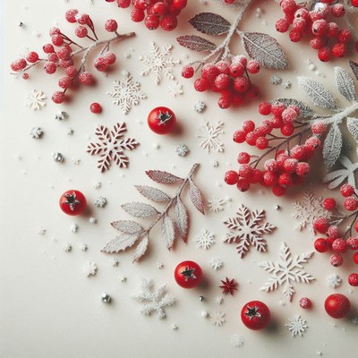 Red berries and snowflakes on a white background