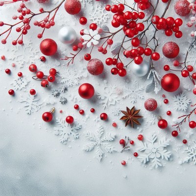Red berries and snowflakes create a festive winter scene