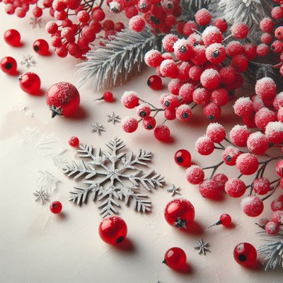 Red berries and a silver snowflake on a white background