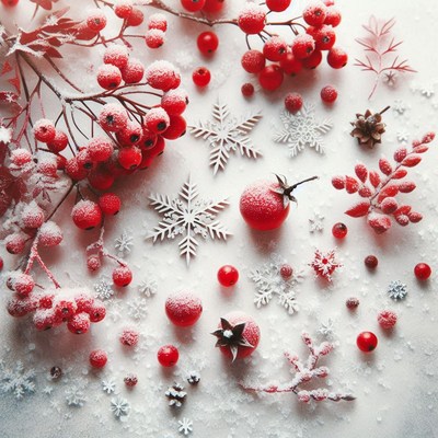 Red berries and snowflakes on a white surface