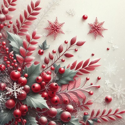 Winter scene: red berries, leaves, and snowflakes