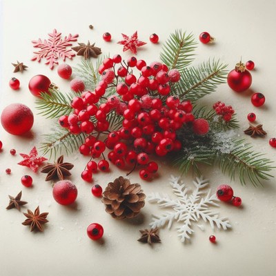 Red berries and pine sprigs create a festive winter scene