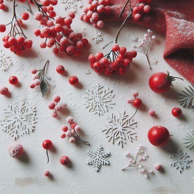 Red berries and snowflakes on a white background
