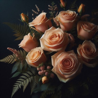 A bouquet of peach roses sits on a dark surface