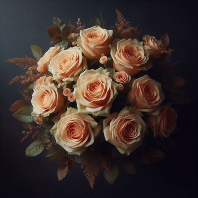 A bouquet of peach roses sits on a dark background