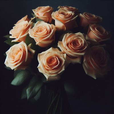 A bouquet of peach roses sits in a dark room