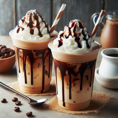 2 iced coffees with whipped cream and chocolate drizzle