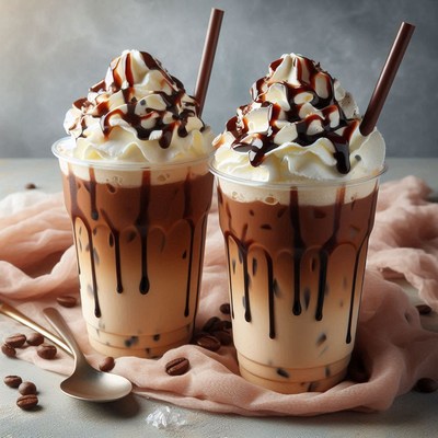 Two iced coffees with whipped cream and chocolate drizzle