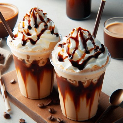 Iced coffees with whipped cream on a wooden board