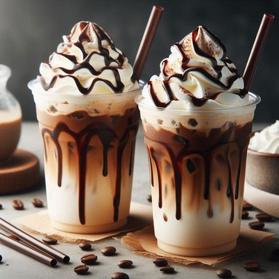 Two iced coffees with chocolate drizzle and whipped cream