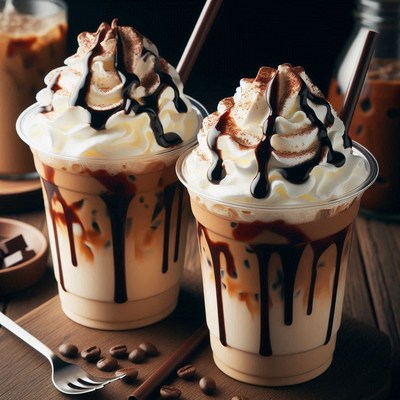 Two iced coffees with whipped cream on a table