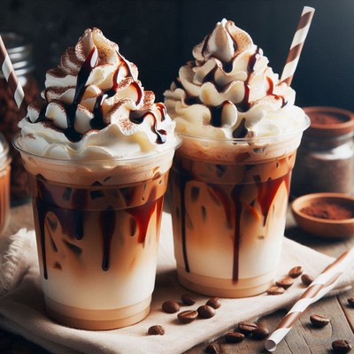 Two iced coffees with whipped cream and chocolate drizzle