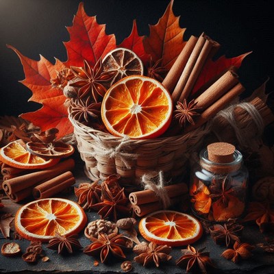 Dried oranges, cinnamon sticks, and star anise in a basket