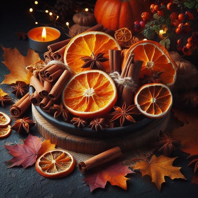 Dried oranges, cinnamon sticks, and star anise on a table