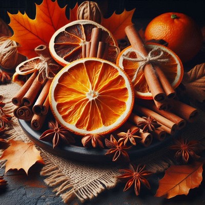 Dried oranges and cinnamon sticks on a dark surface