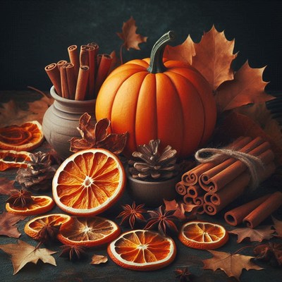 Pumpkin, cinnamon, and dried oranges on wood table