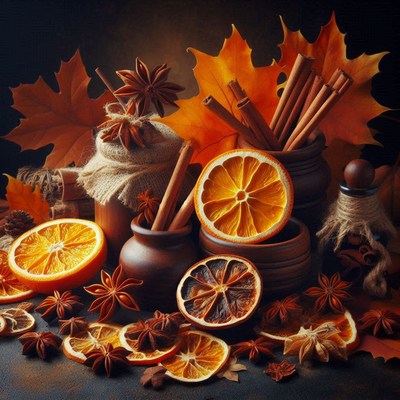 Autumn leaves with dried orange slices and spices
