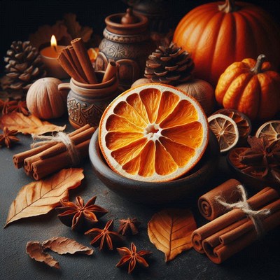 Dried orange slices and spices on a table