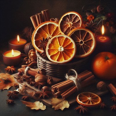 Dried oranges, cinnamon, and candles set a cozy vibe