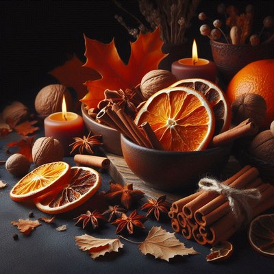 Candles surrounded by dried oranges, cinnamon, star anise